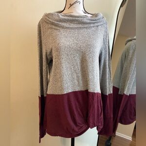 Maurices Two-Tone Cowl Neck Sweater in Gray and Burgundy